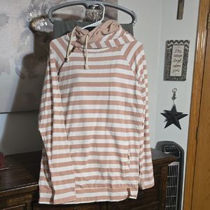 Ampersand Ave Doublehood Dtriped Pink and White Hoodie XXL